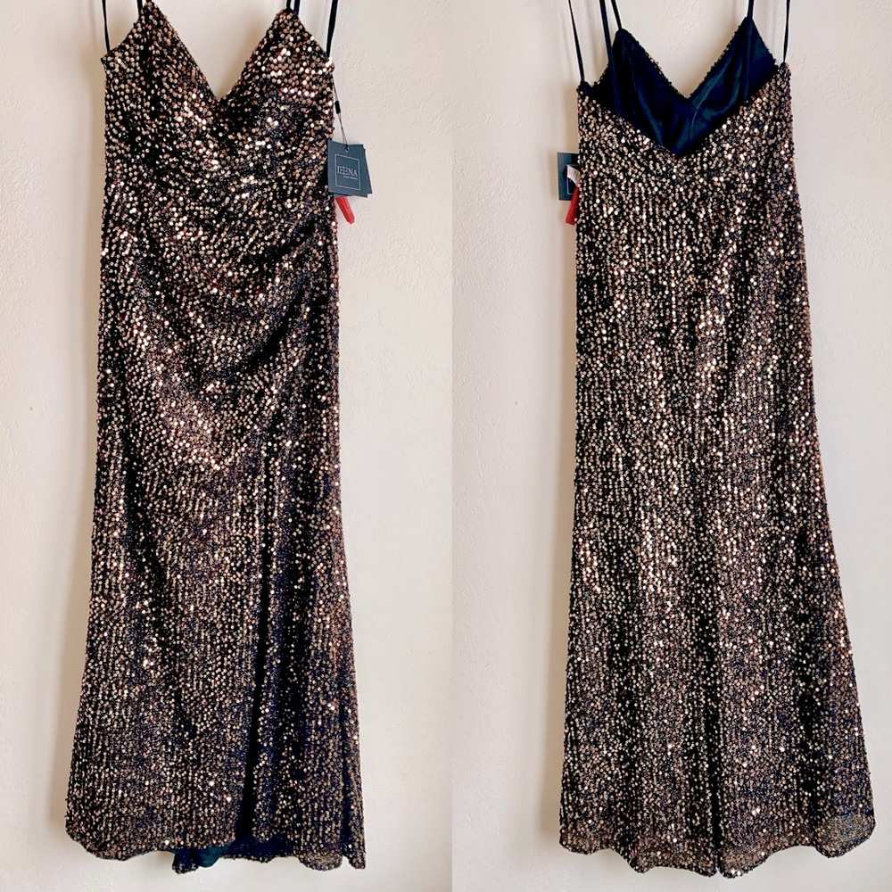 NWT Mac Duggal Sequined Gown Bronze Size 10 Gather Waist Low Back Formal Gown - Picture 9 of 14